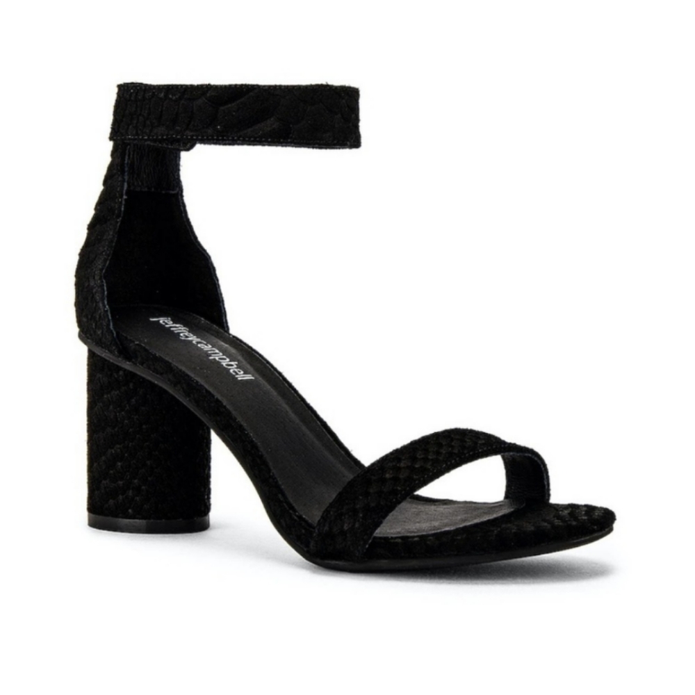 Jeffrey Campbell Laura Ankle Strap Heeled Sandals Black Suede Embossed Size 8